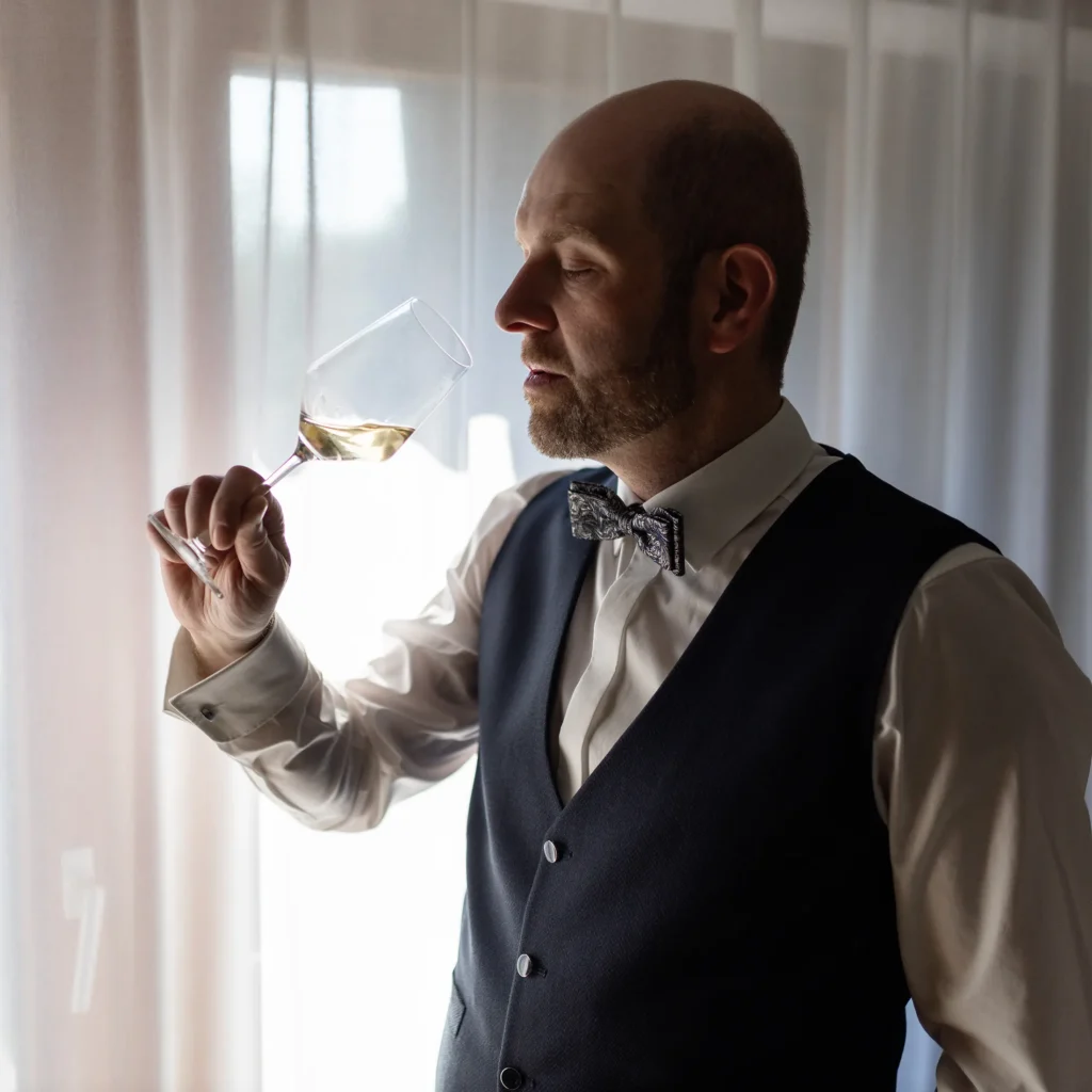 Hochzeitsfotograf Trier Luxemburg - Bräutigam geniesst in seinem Zimmer im Nells Park Hotel noch schnell ein Glas Wein, bevor es zur Trauung geht.